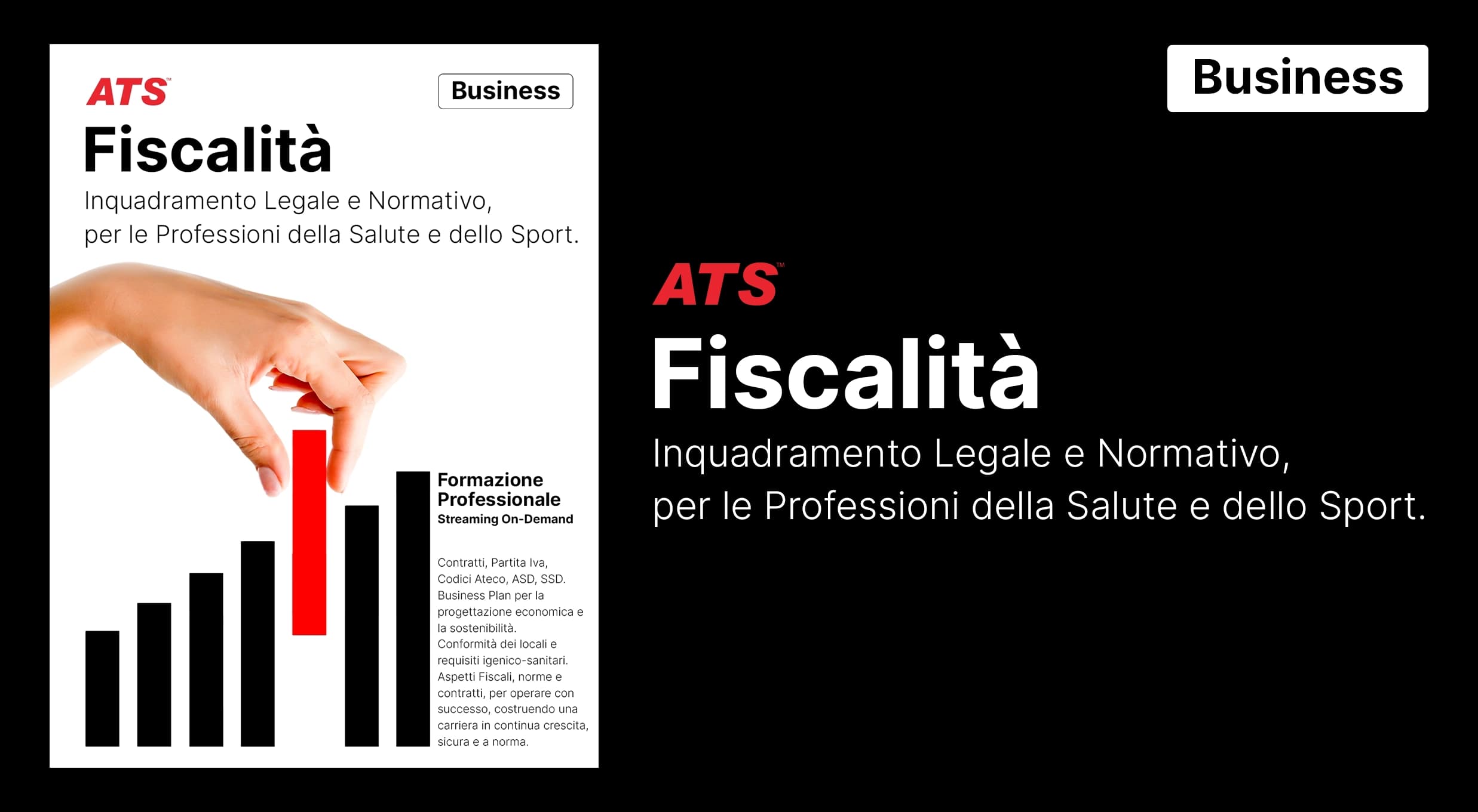 Corso Fiscalità ATS per Professioni della Salute e dello Sport – tassello rosso su grafico a barre, concetto di crescita e conformità